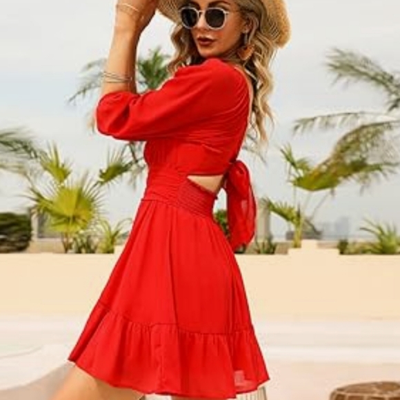 Exlura SM Red Ruffled Bell Sleeve Off-the-Shoulder Mini Flare Dress - Picture 2 of 8